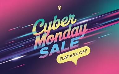 Cyber monday sale with flat 65 off discount, abstract background with neon light streaks and vibrant colors