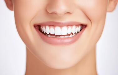 Obraz premium Young woman showing perfect white teeth, representing dental health, beauty, and happiness with oral care