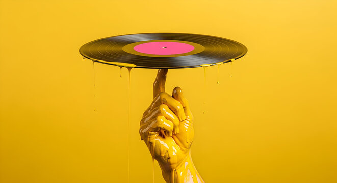 Hand painted in bright yellow holding black vinyl record dripping with matching paint for music industry branding designs - Powered by Adobe
