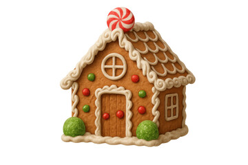 Gingerbread house showing festive christmas candy decorations and frosting on transparent background