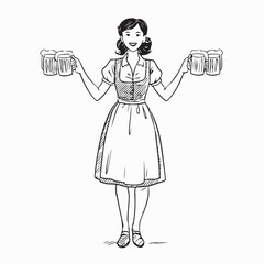Cartoon Waitress in Cultural Dress Holding Beer Vector on white background