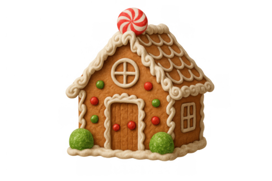 Gingerbread house showing festive christmas candy decorations and frosting on transparent background - Powered by Adobe