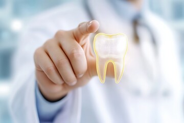 Dentist hand touching futuristic tooth hologram, demonstrating innovation in dental care and oral health technology