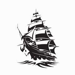 Pirate Ship in the Middle of the Sea Silhouette Vector on white background