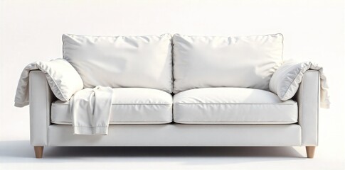 Fototapeta premium White linen couch with subtle folds, natural light, airy feel A comfortable, white linen couch with natural, soft folds and creases, situated on a bright white studio background. Gentle, simulated