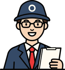 A smiling man wearing a blue hard hat and glasses, with a red tie and dark jacket, holding a clipboard.