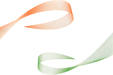 Abstract flowing ribbon shapes in orange and green against a stark black background creating a dynamic visual contrast