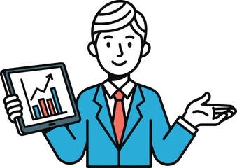 A smiling businessman presenting with an open hand gesture while holding a tablet displaying a bar chart with an upward trend, all in a clear vector style.