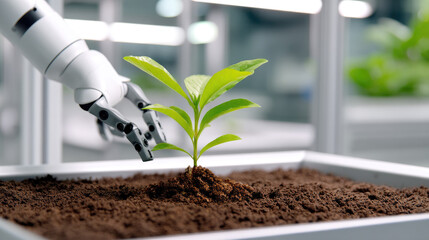 Robotic drone planting seedling in soil, AI-assisted restoration concept, bright pristine lab