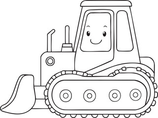 Cartoon bulldozer illustration with smiling face for children coloring and creative projects