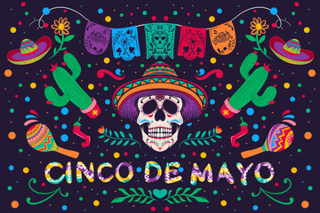 Cinco de Mayo - May 5, federal holiday in Mexico. Fiesta banner and poster design with flowers, decorations