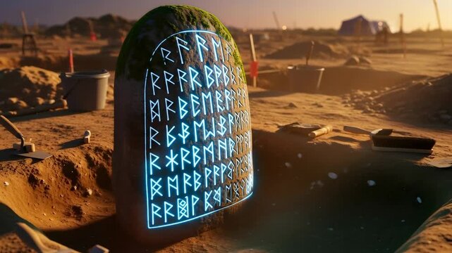 Archeological dig uncovering ancient glowing rune stone with mysterious symbols. Historical discovery on archaeological site at sunset, footage.