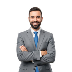 Professional businessman confidently posed with arms crossed smiling warmly isolated on transparent background
