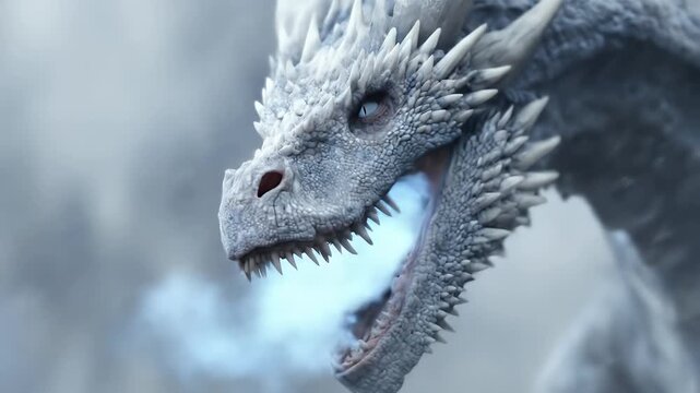 A close-up depicts a mythical creature with icy-white scales and prominent features, including sharp teeth and a piercing gaze. The bea