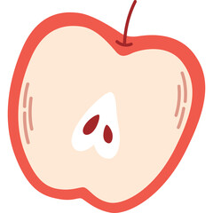 A Bright Red Apple Cut in Half Revealing Seeds and White Flesh with a Thin Stem on a Transparent Background