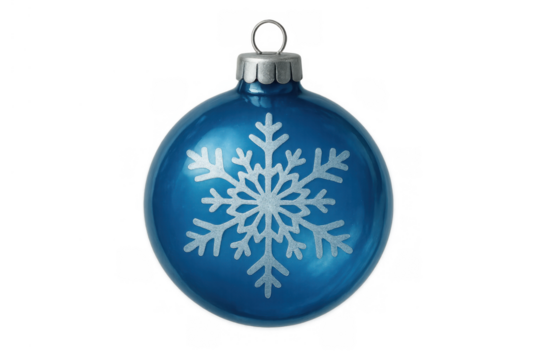 Blue christmas ornament bauble with snowflake motif, winter holiday decoration, transparent background