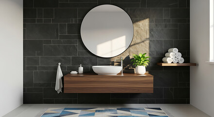 3D image Modern Minimalist Bathroom Interior with Round Mirror, Floating Vanity, Vessel Sink, and Stylish Décor Elements.