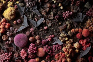Bats fly amongst coral fungi, stones, and detritus on the cave floor. This striking image is perfect for fantasy, nature, or Halloween themes.
