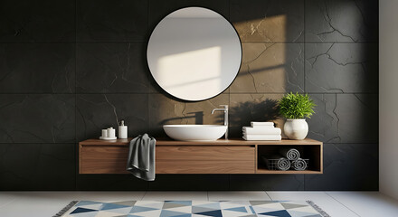Modern Minimalist Bathroom Interior with Round Mirror, Floating Vanity, Vessel Sink, and Stylish Décor Elements, 8K image 