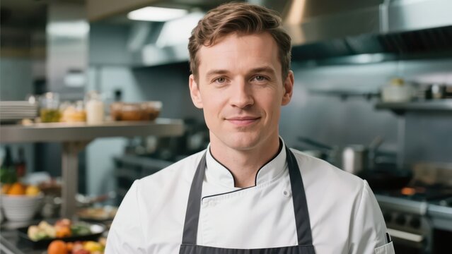 A chef in a professional uniform presents a professional image in front of the kitchen background, demonstrating the skills and craftsmanship of the catering industry.