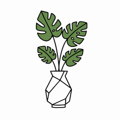 Minimalist Monstera Leaves in Origami Vase, Modern Botanical Line Art Vector