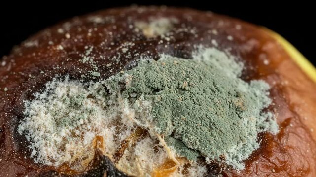Moldy bread with green and white mold growth on top surface  