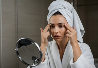 Woman in Bathrobe Examining Skin in Bathroom Mirror with Towel Wrapped Around Hair