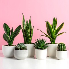 Obraz premium A group of potted house plants against a vibrant pink background on a white surface