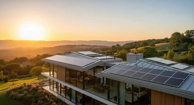 Modern house with solar panels on the roof at sunset, showcasing sustainable energy and contemporary architecture in a scenic landscape