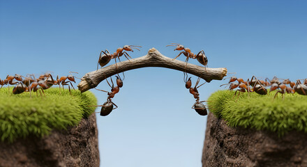 Ants teamwork and collaboration to build a bridge represents determination and leadership in difficult situations