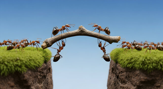Ants teamwork and collaboration to build a bridge represents determination and leadership in difficult situations
