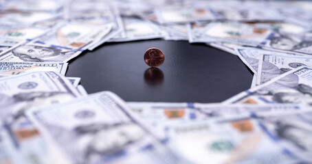 Coin and dollar bills money background. US currency and coins. 100 USD banknotes with coins money...