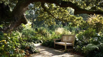 Obraz premium Wooden park bench rests beside a sun-dappled path beneath the spreading canopy of an old tree
