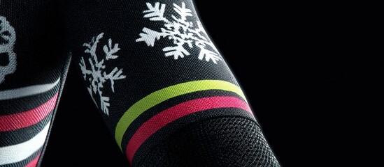 Black cycling socks with snowflakes and colorful stripes.