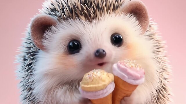 A cute hedgehog smiles while holding two small ice cream cones against a light pink background. The creature has big eyes and pointed quills