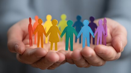 A pair of hands holds colorful paper figures, symbolizing unity, diversity, and community support.