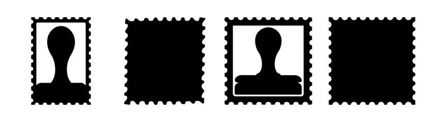Four postage stamps, two with a silhouette of a persons head and shoulders and two blank, all with perforated edges on a white background