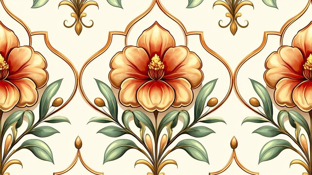 A traditional ornate floral design with a large red and orange flower in the center