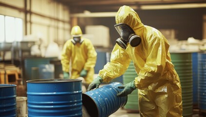 Workers in protective gear handle hazardous materials in a facility, ensuring safety while managing environmental risks.