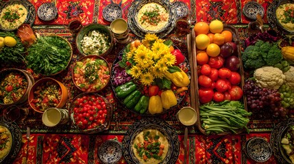 Fototapeta premium Abundant spread of fresh fruits, vegetables, and prepared dishes covers an intricately patterned textile surface