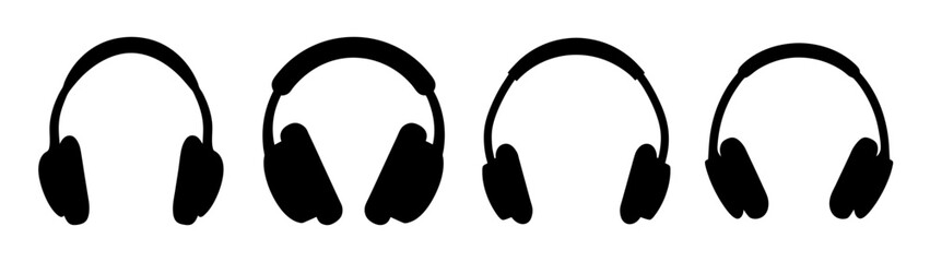 A row of four black silhouette headphones on a white background, representing audio equipment and sound technology