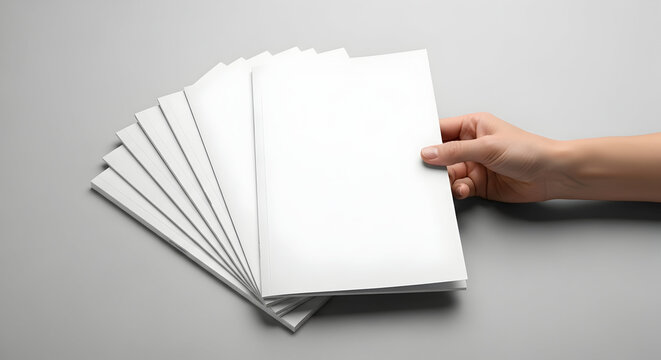 Brochure mockups in hand offering marketing collateral presentation and blank catalog design with copy space option