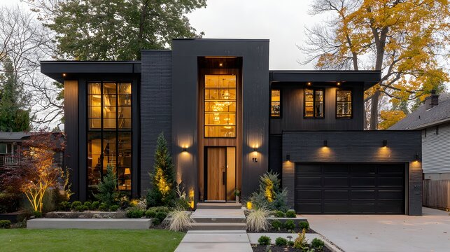 Modern luxury residence features dark exterior cladding and illuminated entryway at dusk