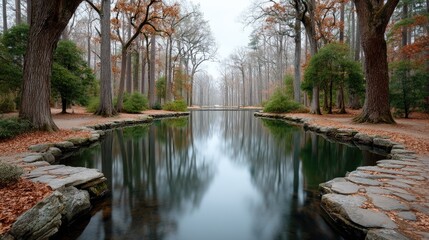 Tranquil Forest Pond Reflecting Autumn Trees Under Overcast Sky With Stone Pathway And Fallen Leaves