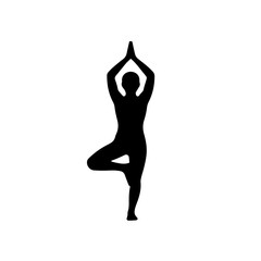 Minimalist black and white silhouette icon of a classic yoga pose (Lotus/Tree/Mountain). Perfect for wellness, meditation, fitness, and International Yoga Day designs, emphasizing peace, balance