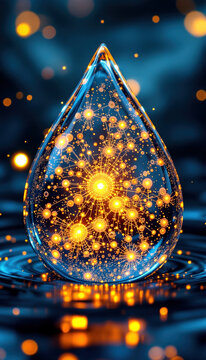 Green nanotechnology - glowing water droplet with golden particles and network structure