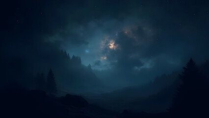 A dramatic, moody landscape under a stormy, moonlit sky with silhouetted trees and mountains.