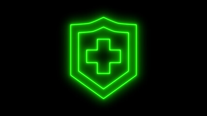Obraz premium A vibrant green neon medical cross shield icon, symbolizing robust health protection, safety, and care in a modern digital glow, isolated on black background.