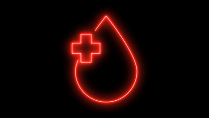 Red neon blood drop icon with a medical cross symbolizing healthcare and donation, glowing brightly with a vibrant light effect, isolated on black background