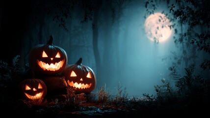 Naklejka premium Creepy glowing jack o lantern pumpkins on a dark night with full moon in mystical haunted forest, spooky halloween background with eerie atmosphere and autumn vibes